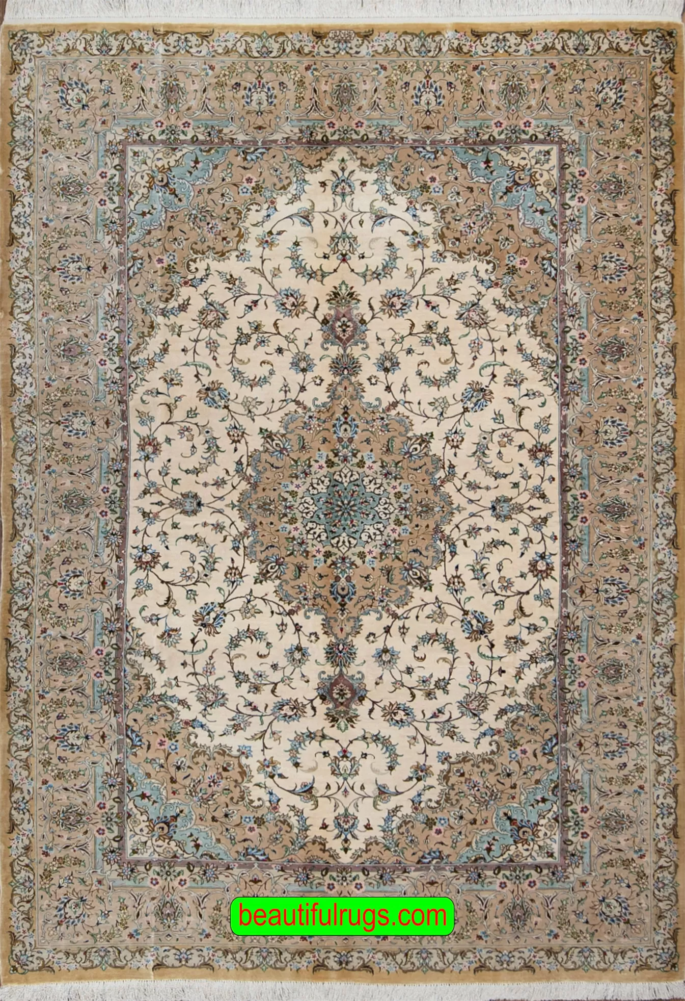Pure silk Persian Kashan rug in beige and earth tone colors. Size 4.6x6.8.