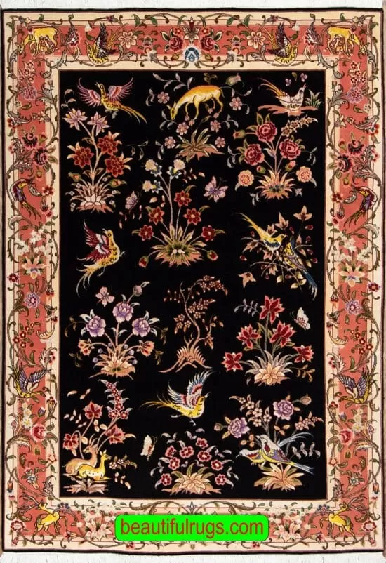 Beautiful Persian Tabriz rug with birds and animals in black and salmon colors. Size 4x6.