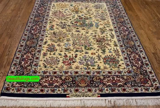 Hand Woven Persian Isfahan Kurk Rug, with birds and animals. Size 5.4x7.10.