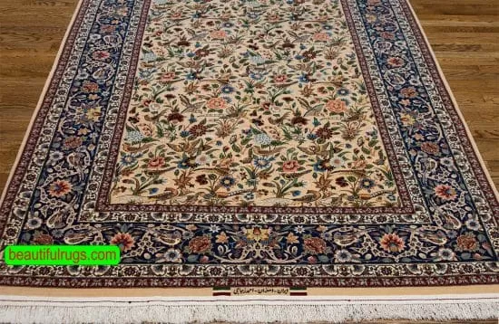 Top quality Persian Isfahan rug with birds and flowers in beige color. Size 5.5x8.2.