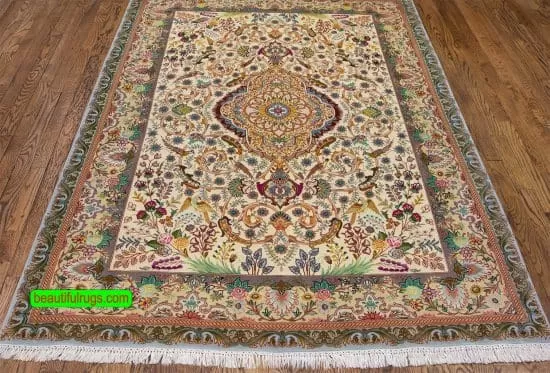 Hand knotted Persian Tabriz rug, kurk & silk, multicolor. Size 5x7.2.