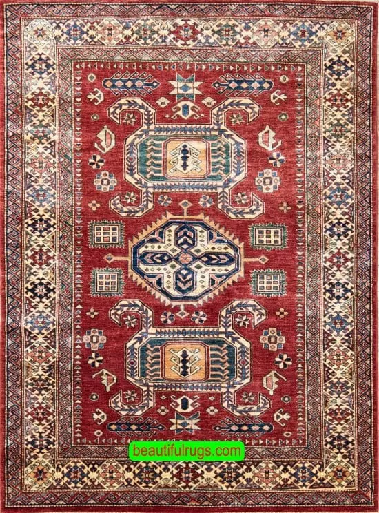 Area rug for sale, hand knotted super Kazak rug in red color. Size 5.8x7.9.