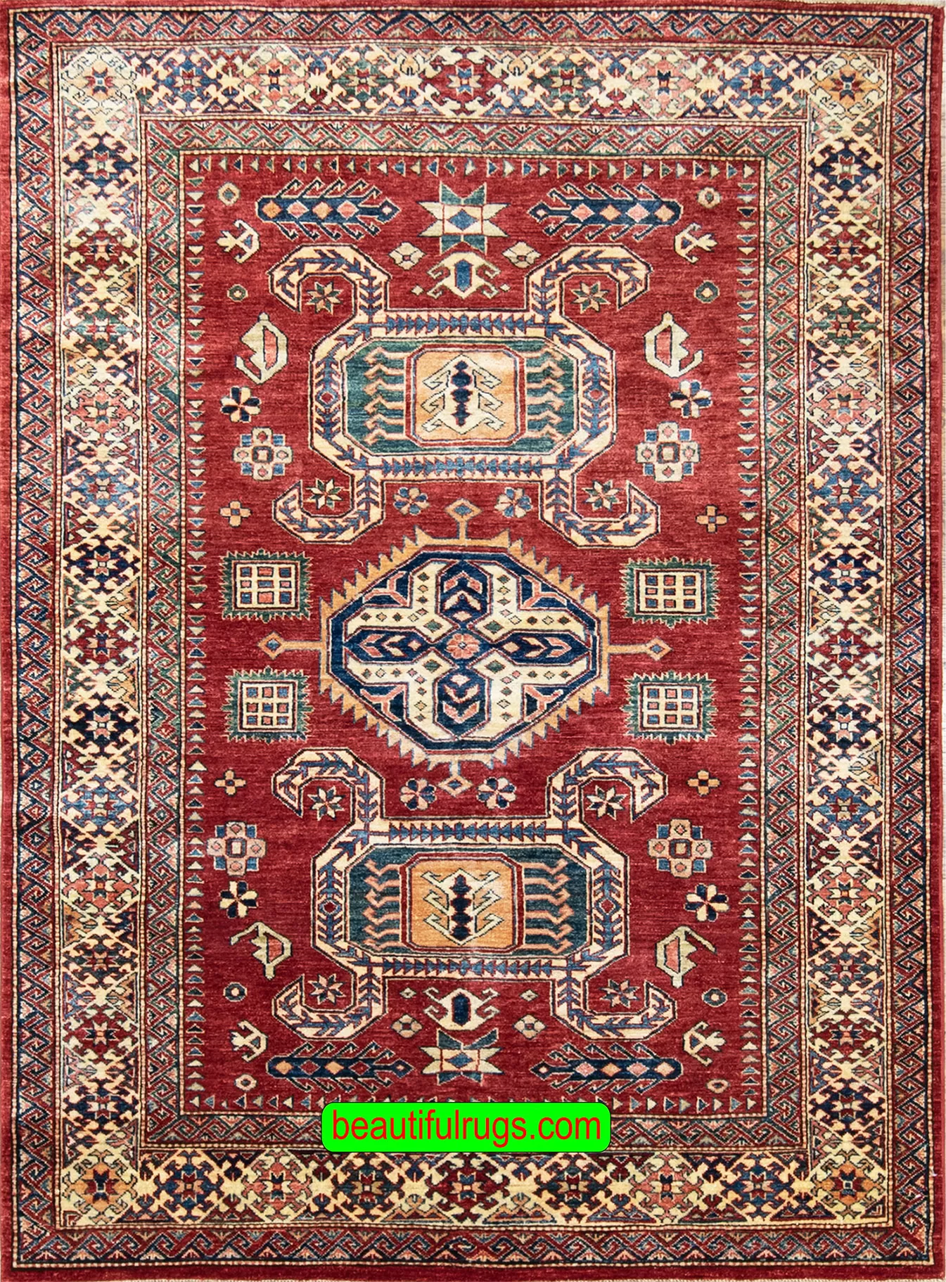 Area rug for sale, hand knotted super Kazak rug in red color. Size 5.8x7.9.