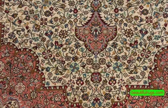 High quality hand knotted Persian Qum rug in beige color. Size 5.3x8.