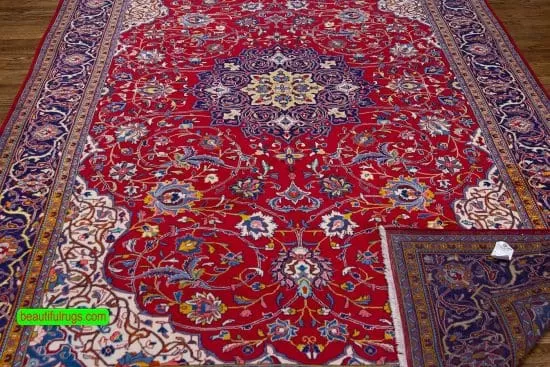 Red and navy blue color Persian Sarouk wool rug for dining room. Size 7x10.4.