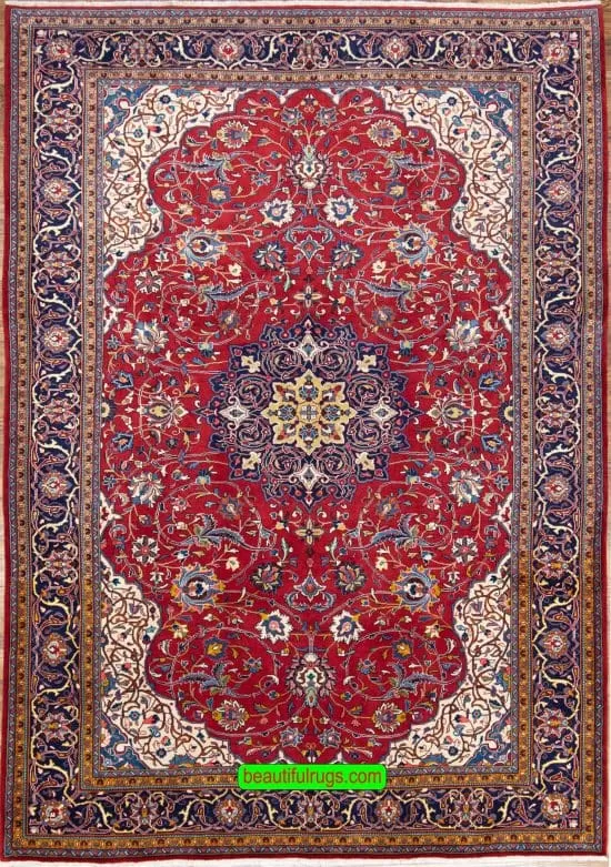 Red and navy blue color Persian Sarouk wool rug for dining room. Size 7x10.4.