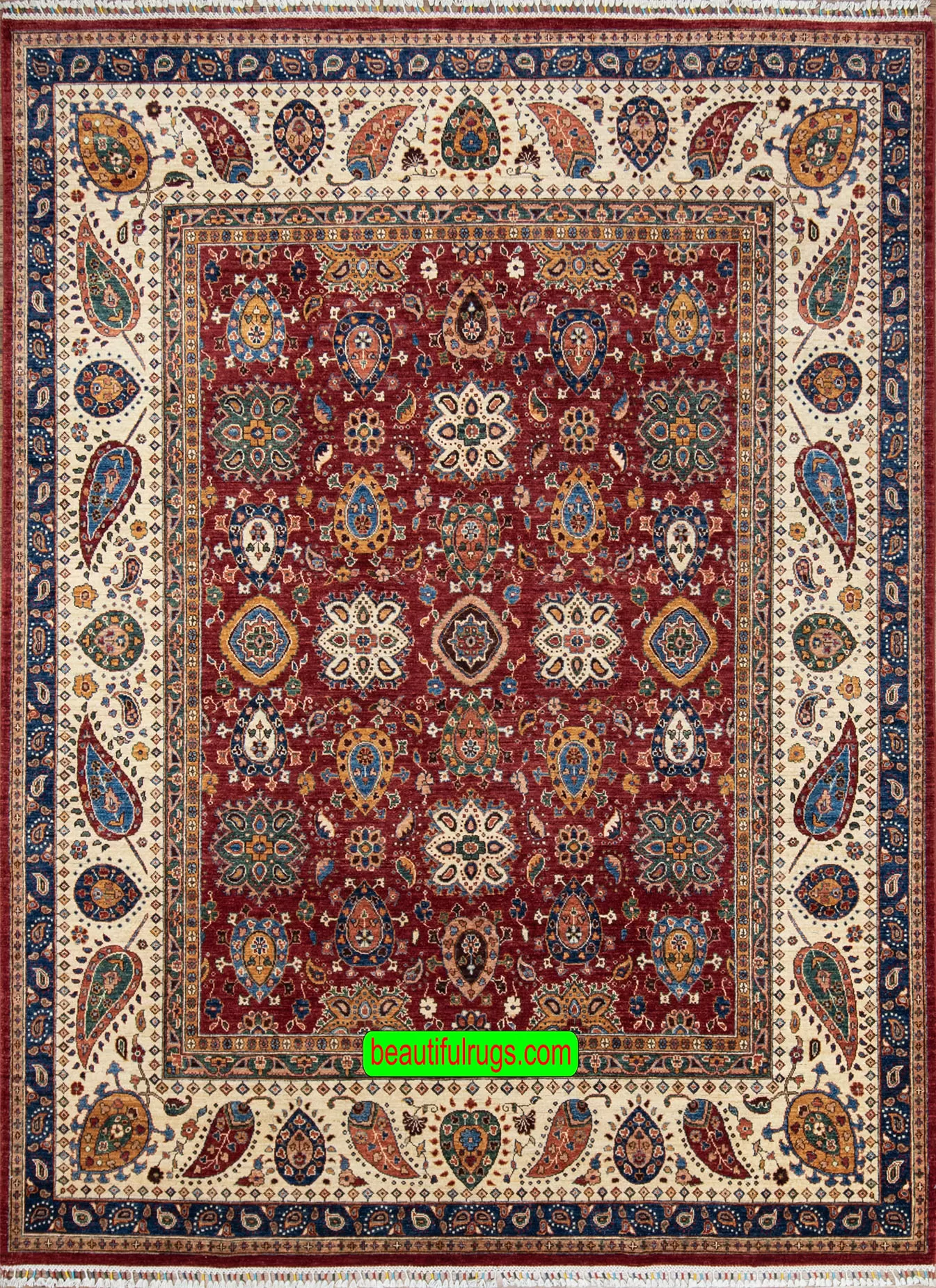 Handmade wool rug with floral and geometric motifs with red color in the center and beige border. Size 8.3x10.4.