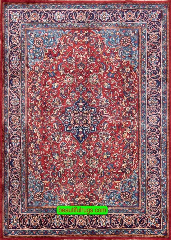 Handmade Persian Sarouk wool rug, traditional style Persian rug with red and navy blue. Size 7x10.2.
