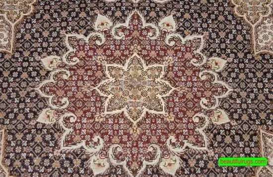 Handmade Persian Tabriz accent rug made of wool and silk with black and mahogany colors. Size 3.6x5.