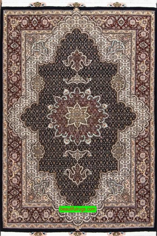 Handmade Persian Tabriz accent rug made of wool and silk with black and mahogany colors. Size 3.6x5.