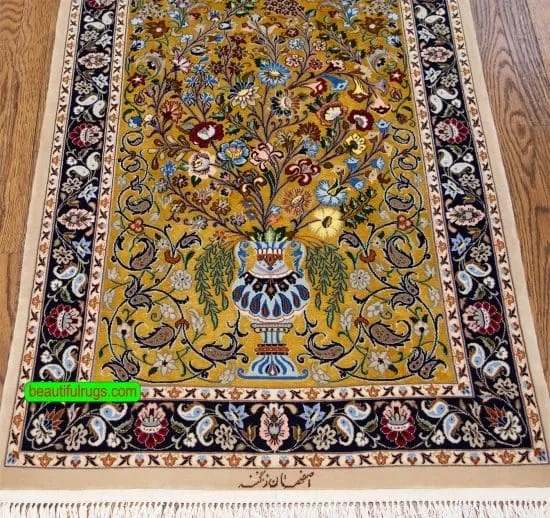 Handmade Persian kork wool and silk rug with gold color, tree of life and vase. Size 2.8x4.