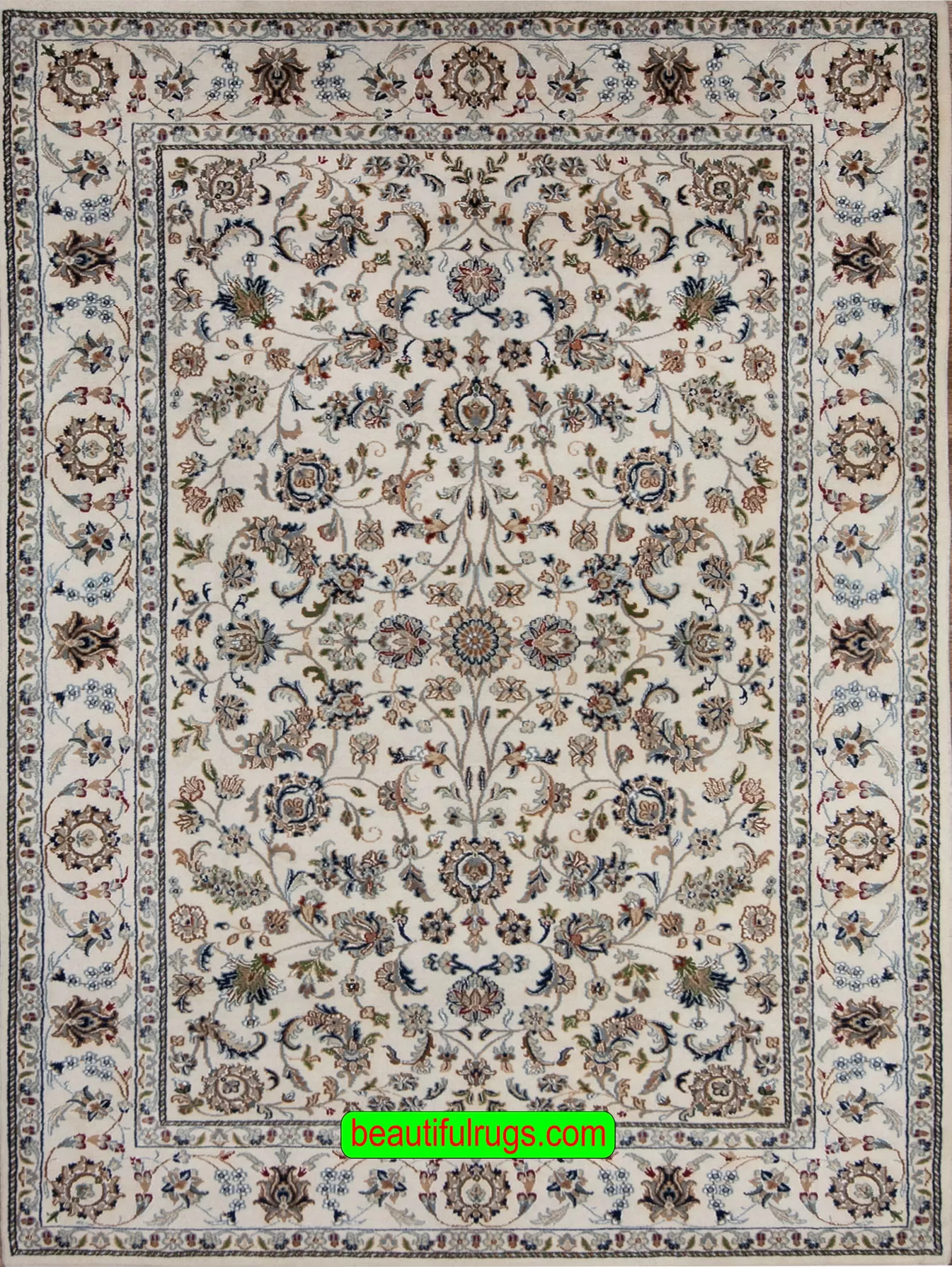 Hand knotted Oriental area rug in beige color, Nain design rug with all over patter. Size 6.1x9.3.