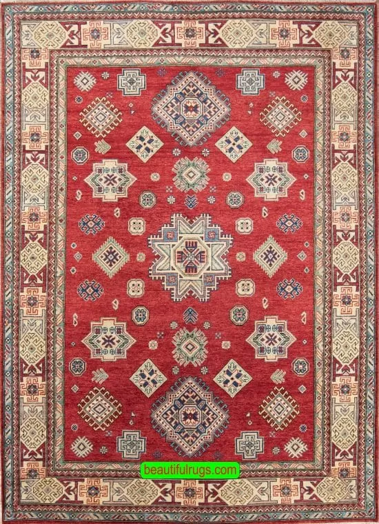 Handmade oriental rug, geometric red and beige wool rug. Size 6.6x9.7