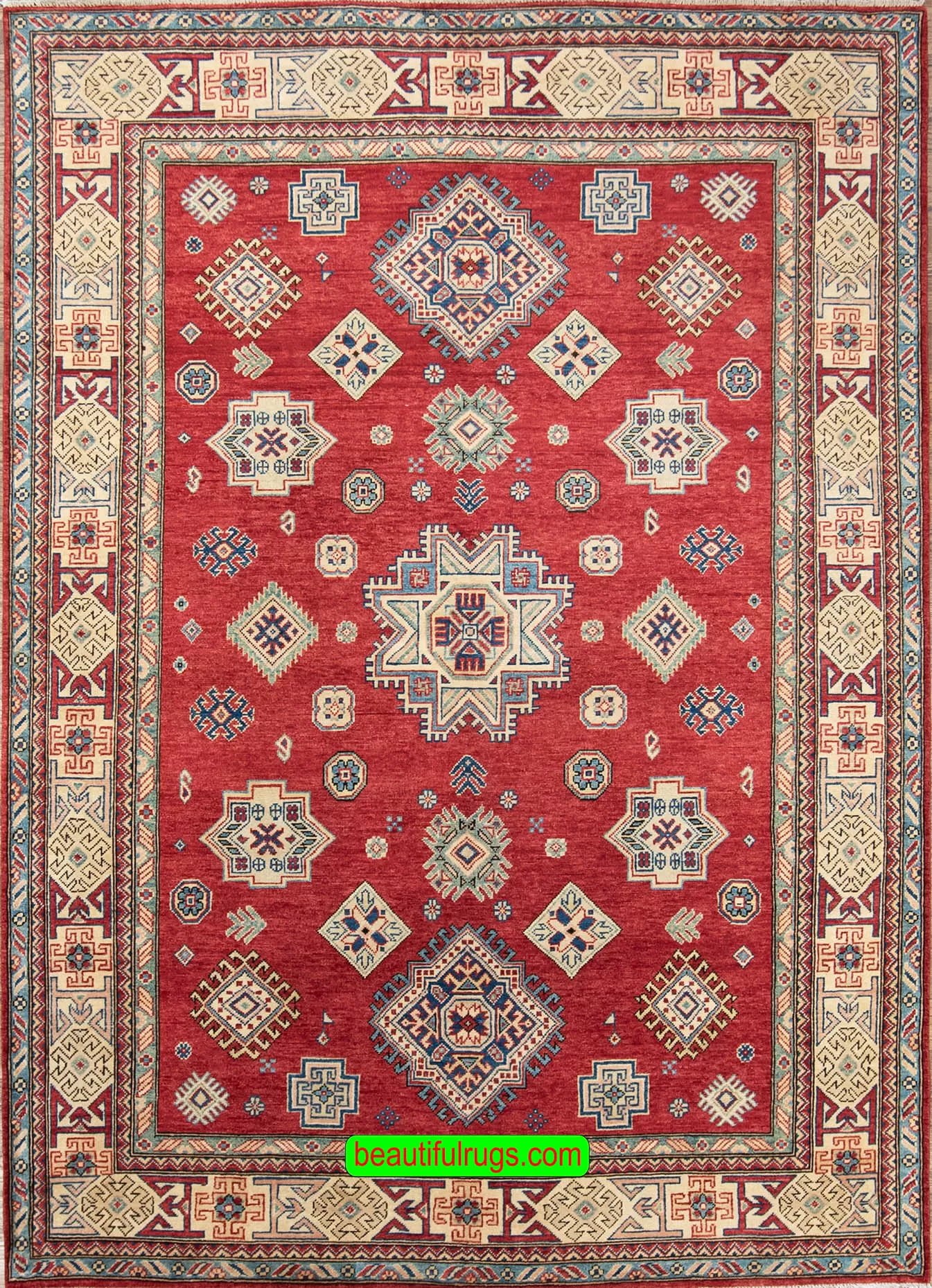 Handmade oriental rug, geometric red and beige wool rug. Size 6.6x9.7