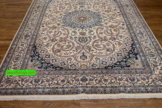 Gorgeous handmade Persian Nain wool and silk rug with beige color. Size 7x10.8.