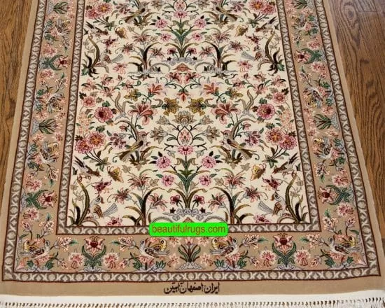 Hand knotted Persian Isfahan wool and silk beige area rug with birds and butterfly. Size 2.8x4.