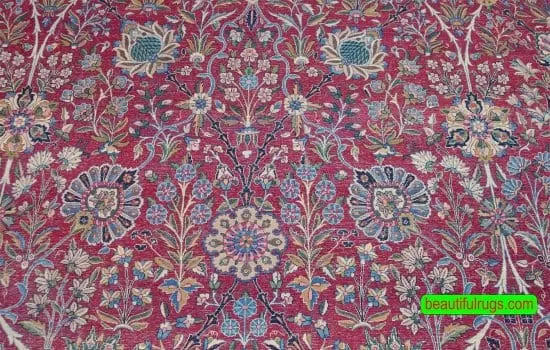 Beautiful antique Persian Kerman rug in red and blue color, unique design. Size 11.2x18.6.