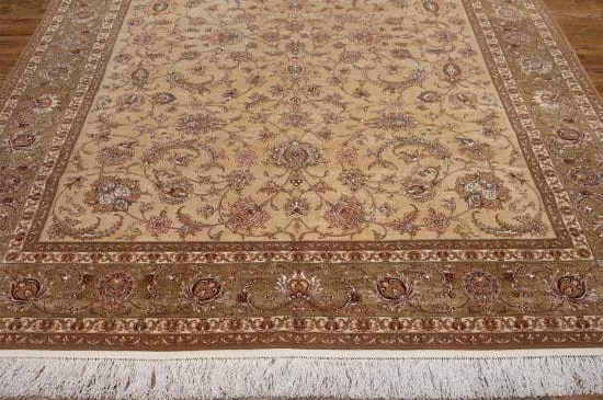 Persian silk Isfahan rugs with champagne and olive color. Size 8.6x12.