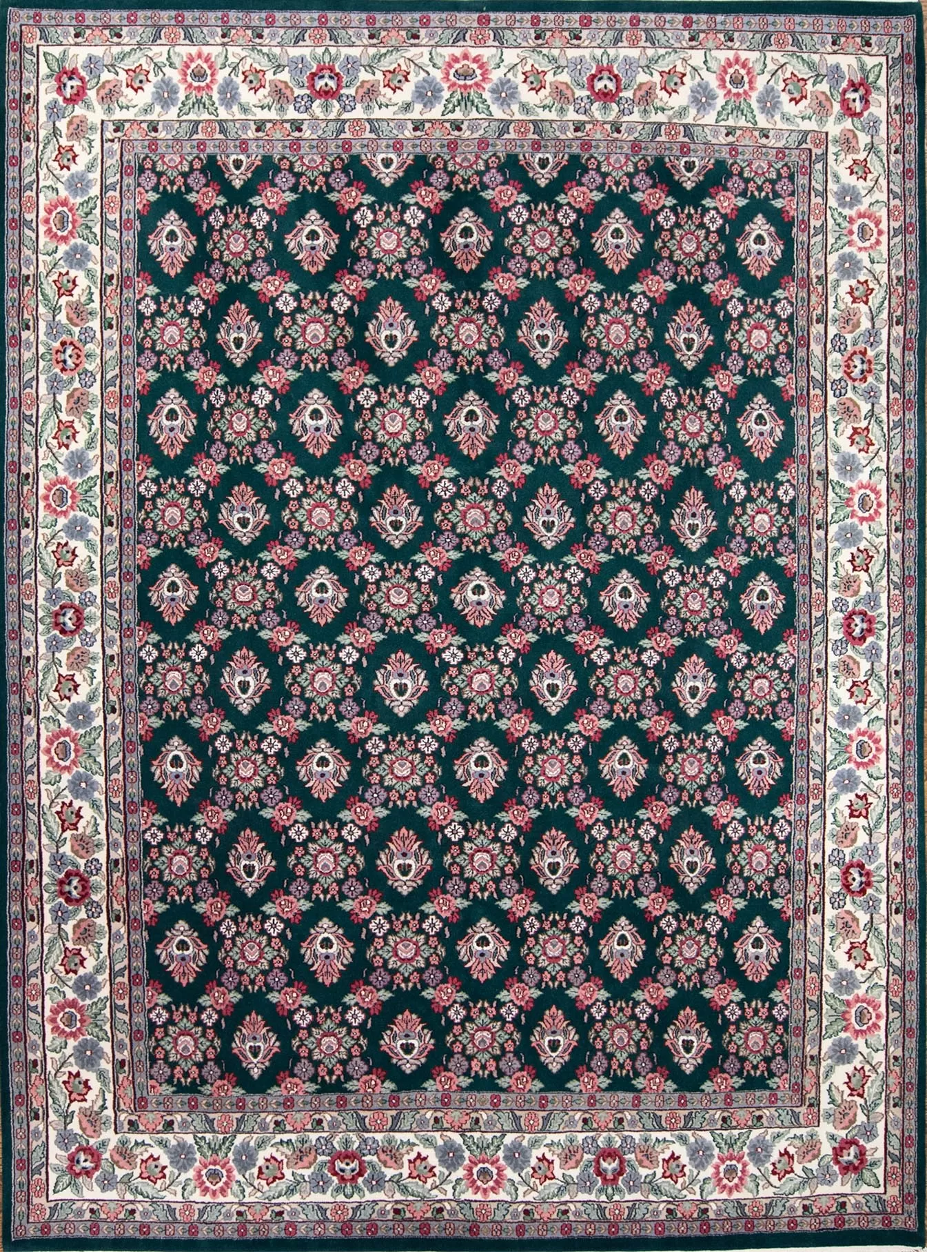 Handmade wool oriental rug, all-over floral design rug in green color. Size 9x12.