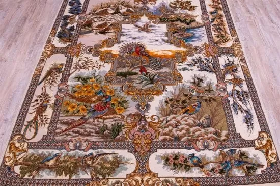 Handmade Persian Tabriz multicolor wool and silk scenic rug with pheasant and peacock. Size 5.2x7.3.
