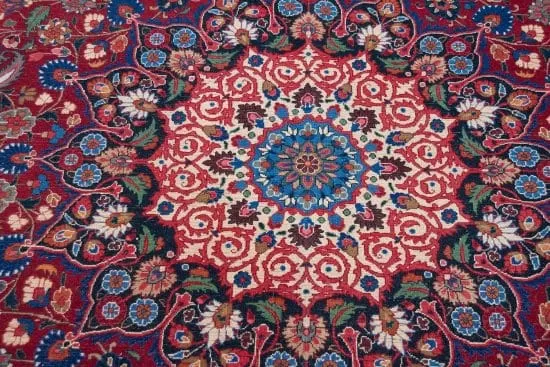 Handmade Persian Mood area rug, floral design with red and navy blue colors. Size 8.5x11.8.