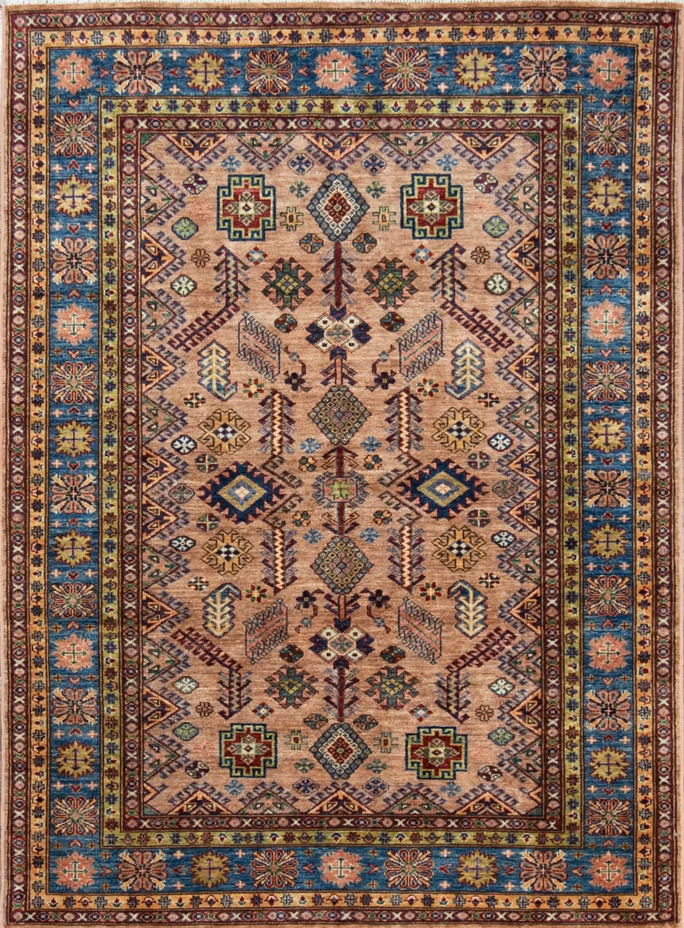 Handmade oriental rug in geometric Kazak style in brown and blue color. Size 5.1x7.