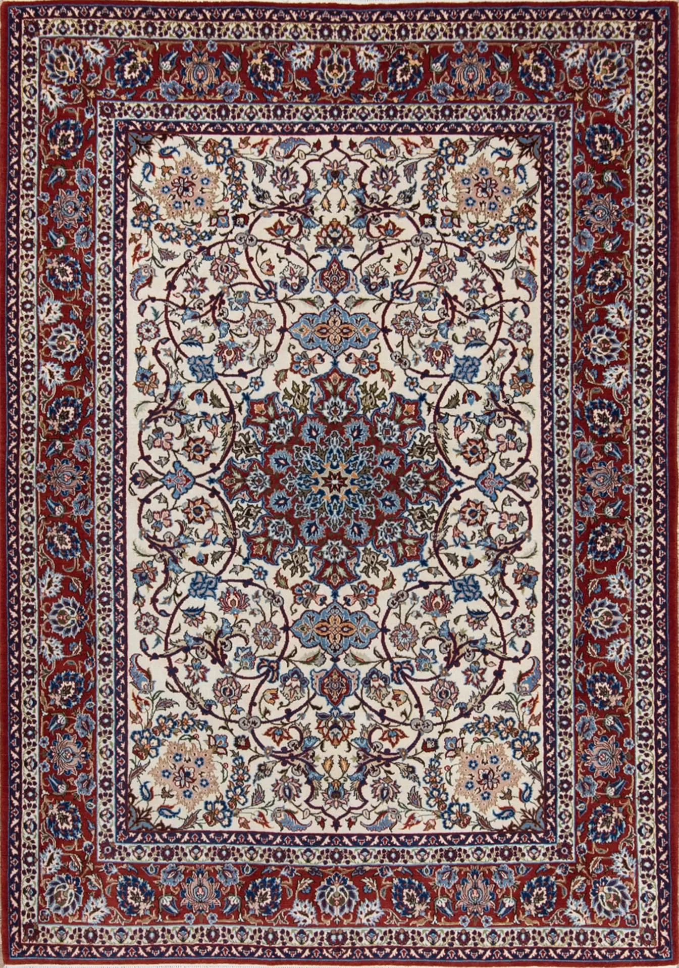 Authentic handmade antique Persian Isfahan Wool rug with beige and red colors. Rug size 5x7.