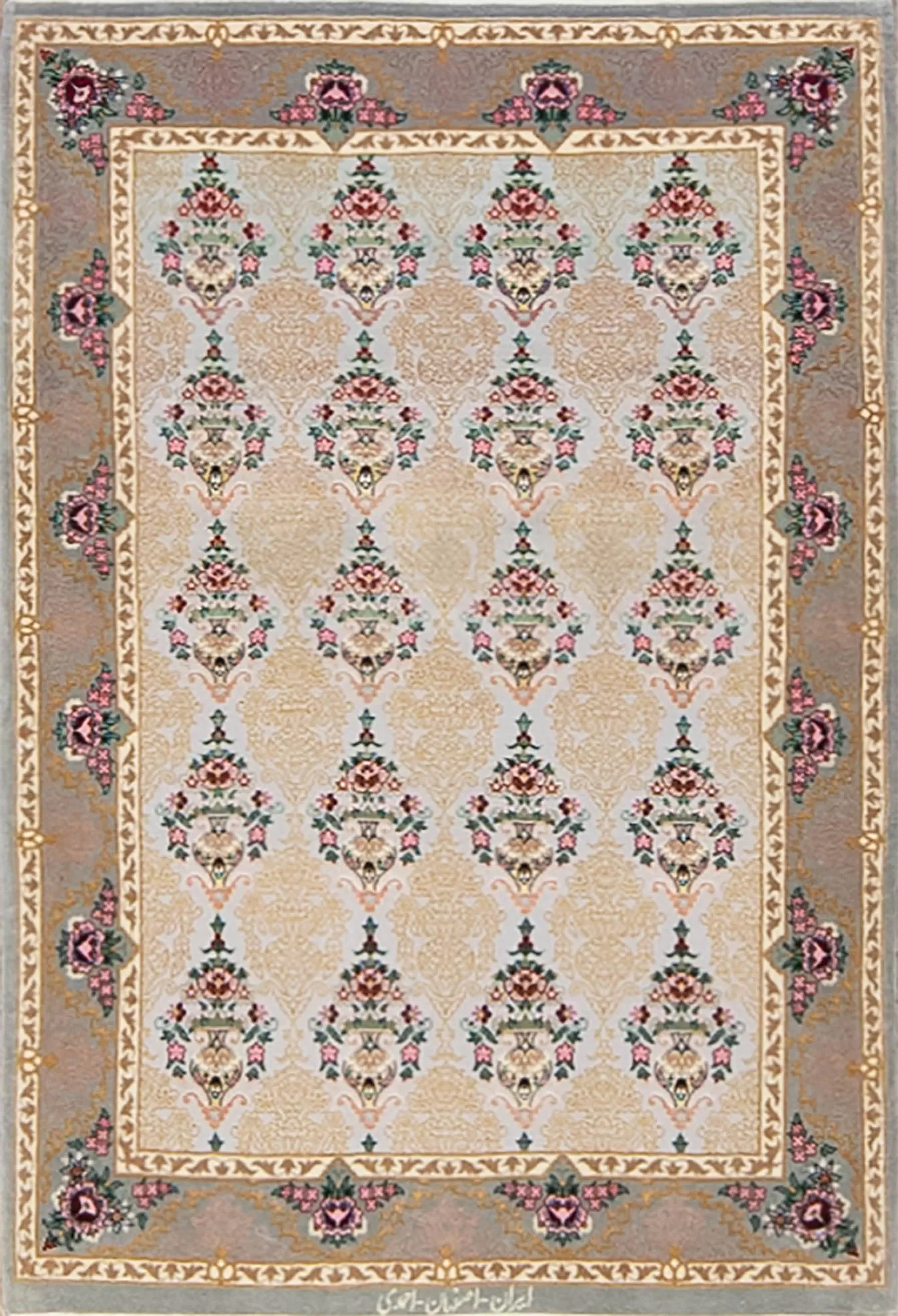 Hand woven floral Persian Isfahan rug, multicolored all-over design rug. Size 2.9x4.6.