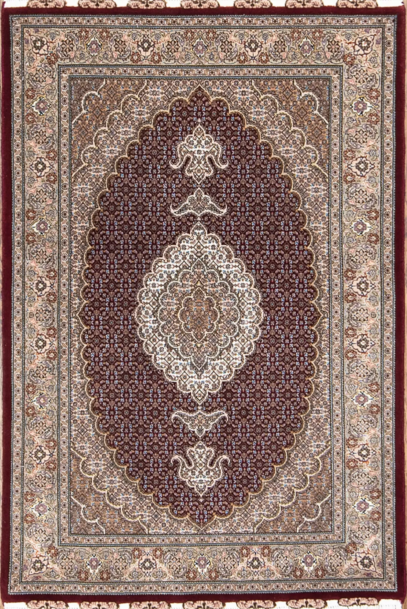 Small throw rug , handmade Persian Tabriz wool and silk rug in red color. Size 3.4x5.5.