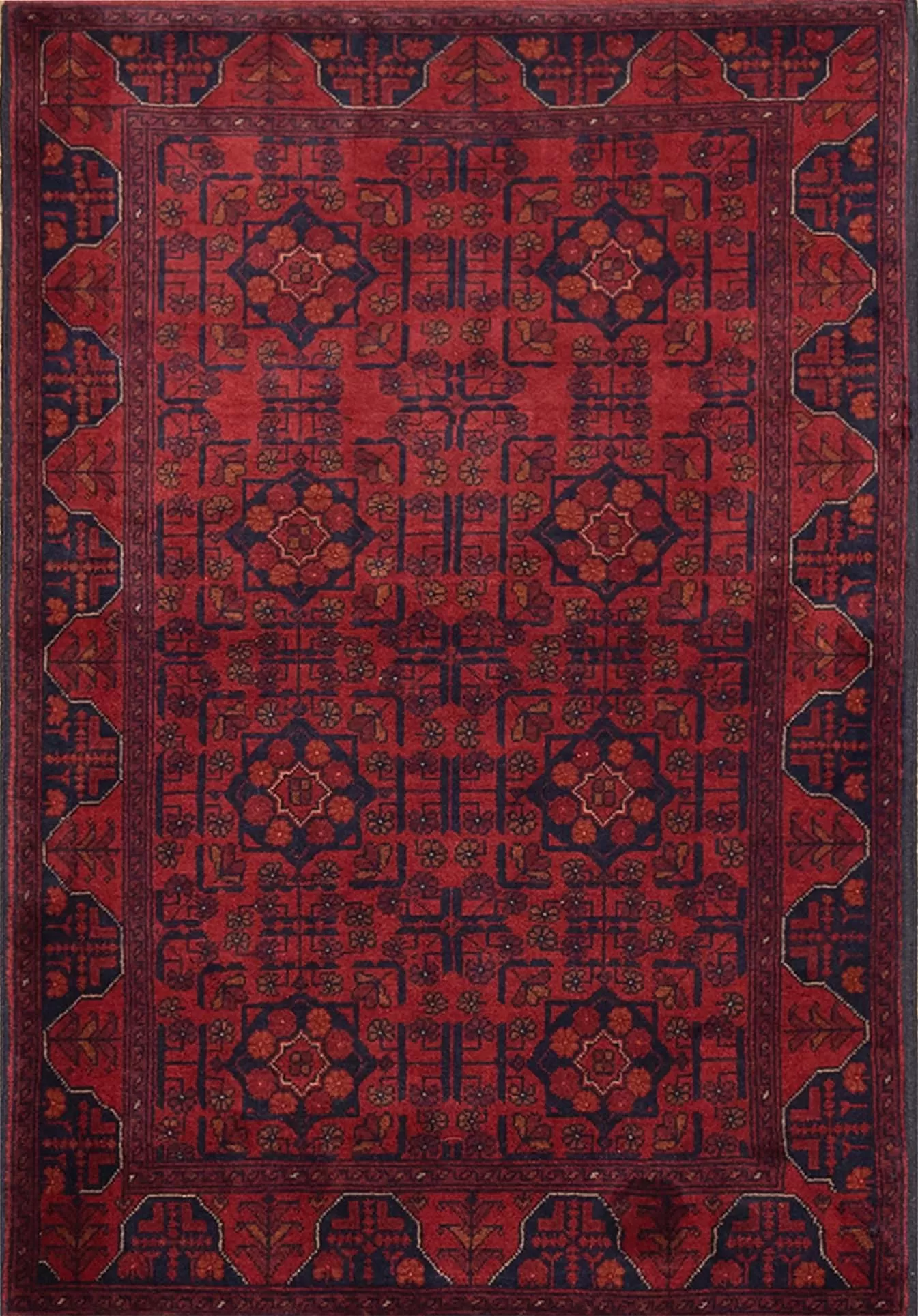 Handmade Afghan tribal wool rug in red color. Size 3.6x5.1.