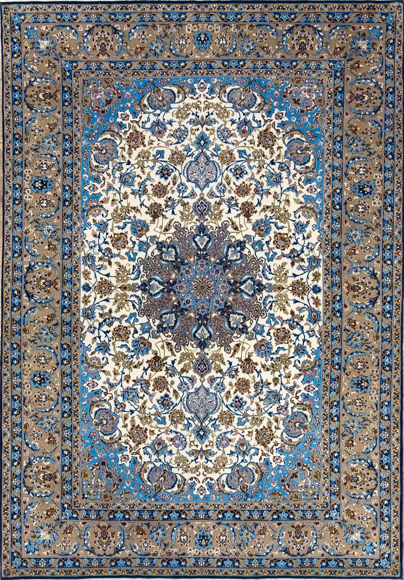 Best rugs. Beautiful Persian Isfahan rug made of the finest quality Japanese kork wool and silk with beige and blue colors. Size 5.4x7.4.
