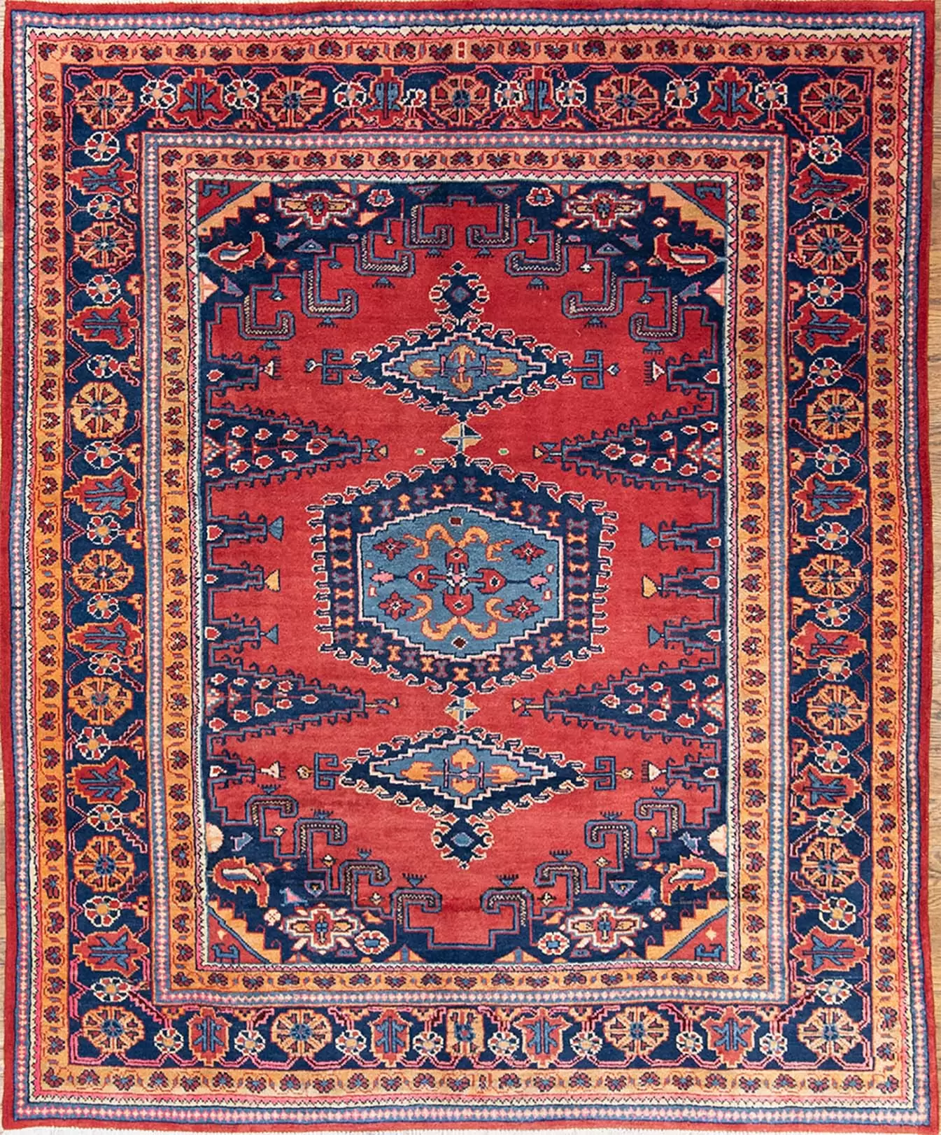 Persian tribal rug. Handmade geometric Northwest Persian rug in red and navy blue colors. Size 6.3x7.7.