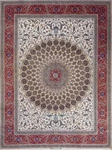 Beautiful Persian rug. Artful Persian Isfahan masterpiece, mandala style with birds and flowers in beige color. Size 10.4x13.8.