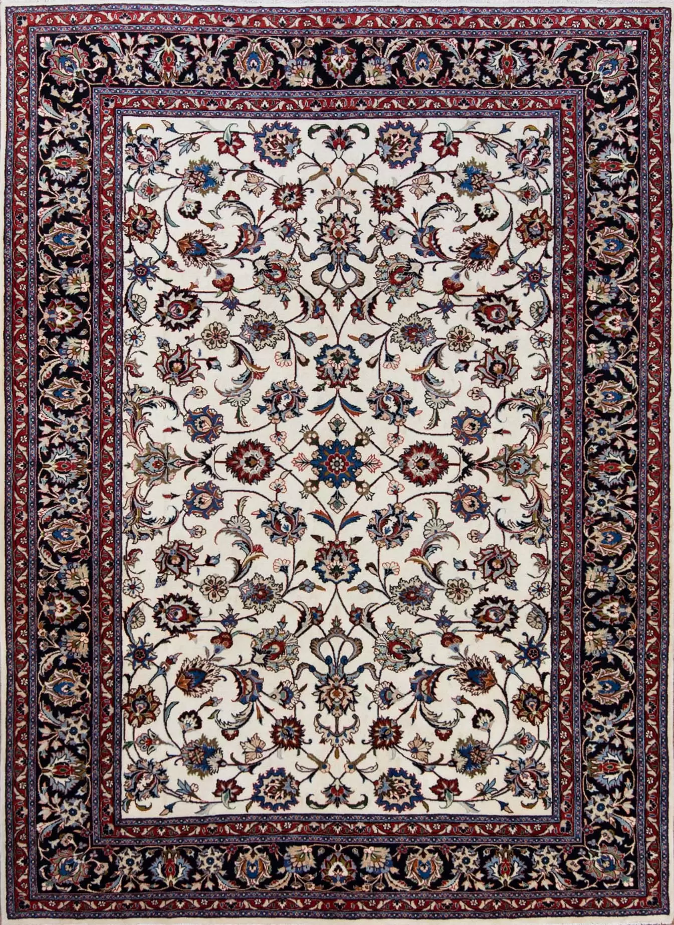 Carpet rug. hand knotted Persian Kashmar carpet made of wool, floral style with beige and navy blue. Size 6.8x9.7.