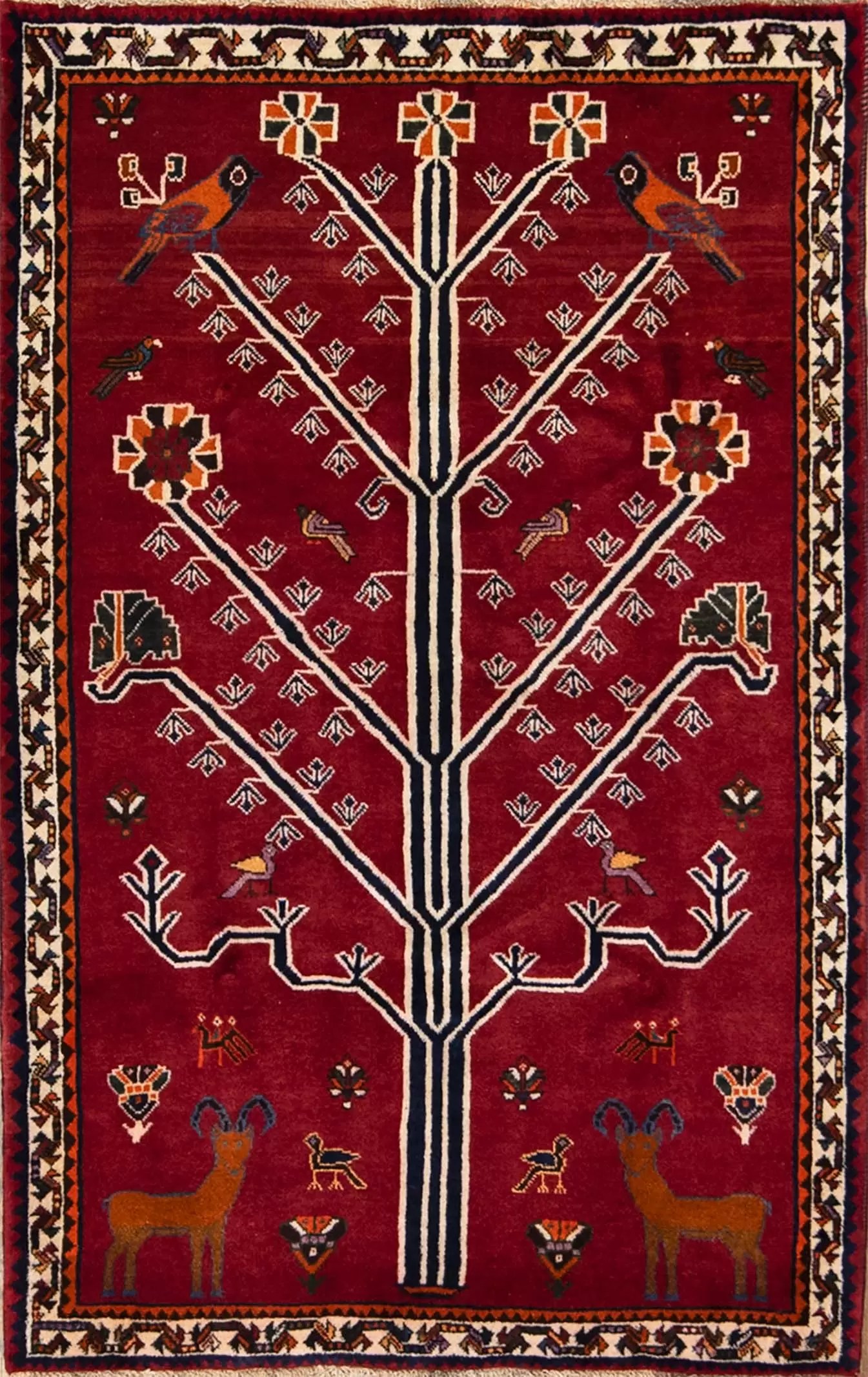 Tribal rug, hand knotted tree of life Persian Shiraz wool rug in red color. Size 3.9x6.