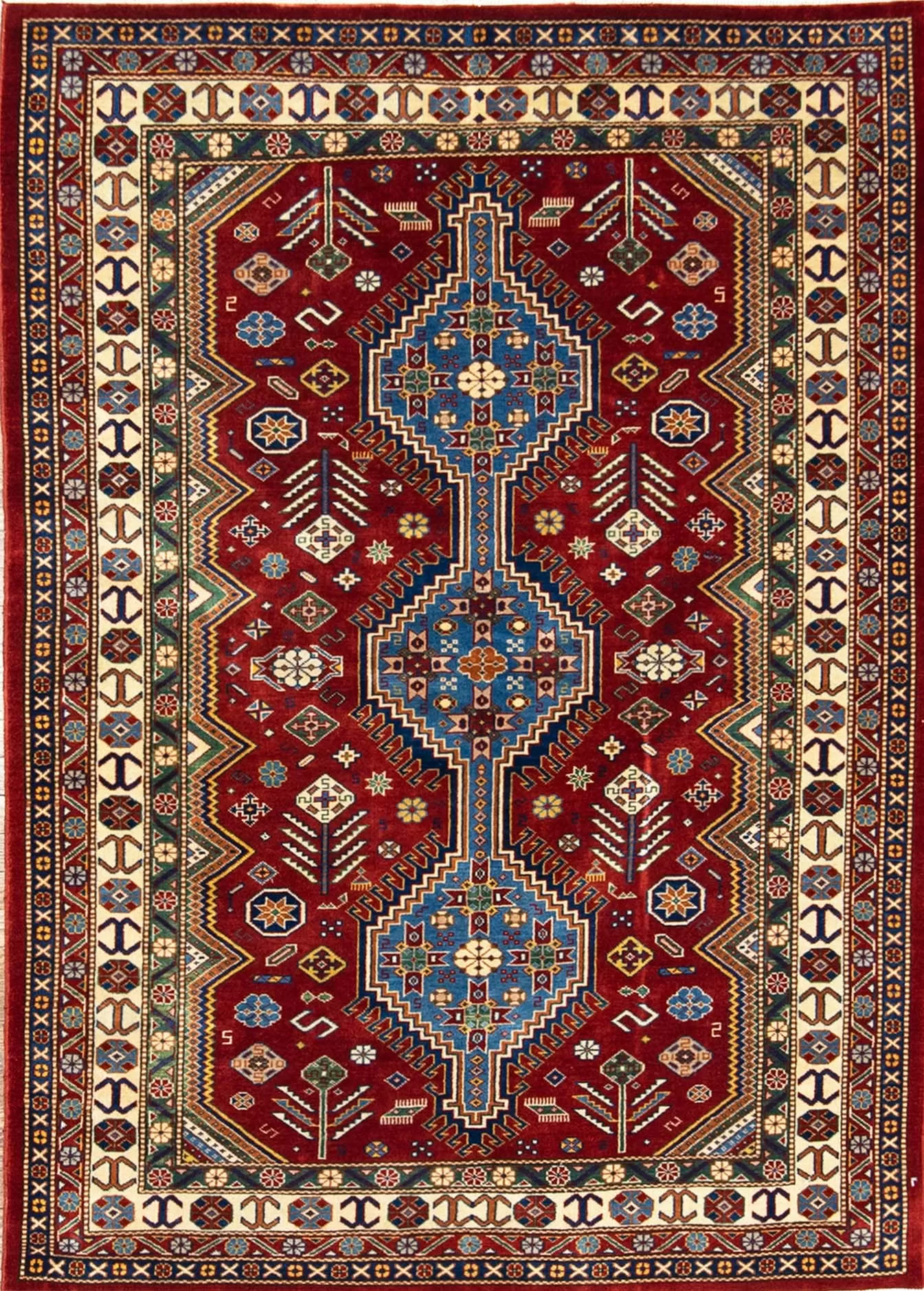 Red oriental rug. Handmade geometric style oriental rug in red and blue colors. Size 5x6.6.