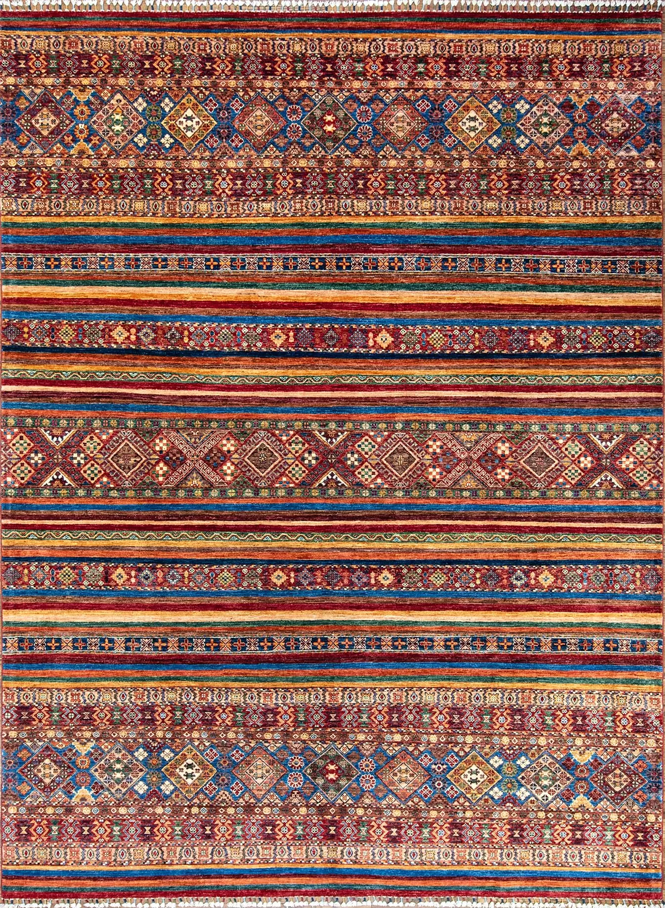 Handmade Afghan tribal area rug style with stripes, multicolor and made of wool. Size 9.3x11.10.