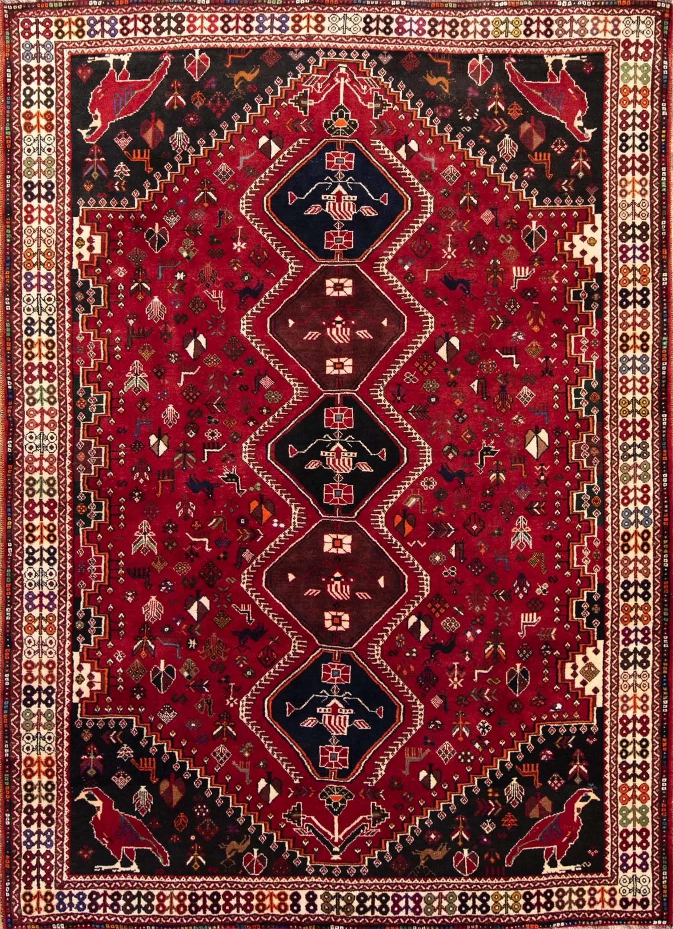 Thick area rug. Handmade southwestern design wool Persian Shiraz area rug in red color. Size 7.6x10.4.