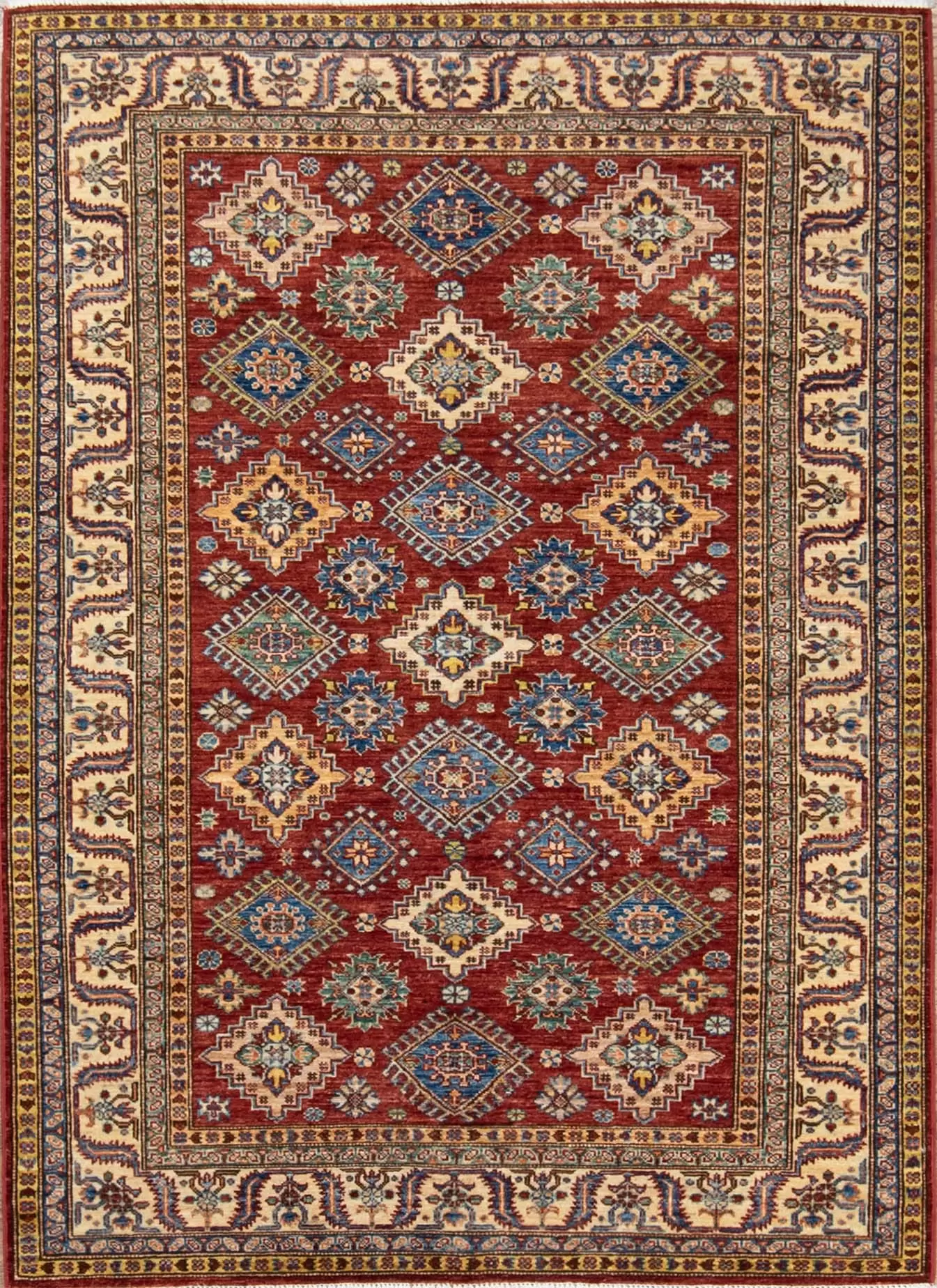 Geometric oriental rug. Handmade super Kazak oriental rug in red color. Size 5x6.8.