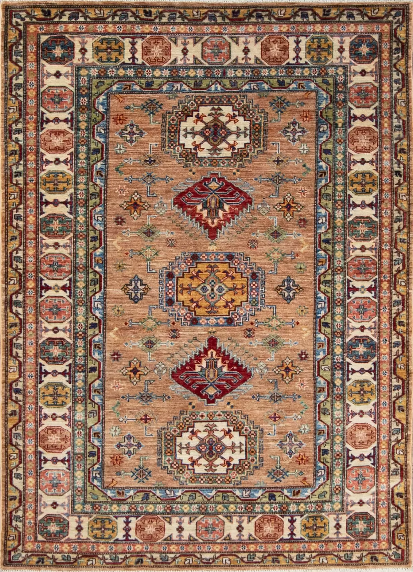 Handmade area rug. Small geometric Kazak style wool area rug . Size 4.10x6.9.