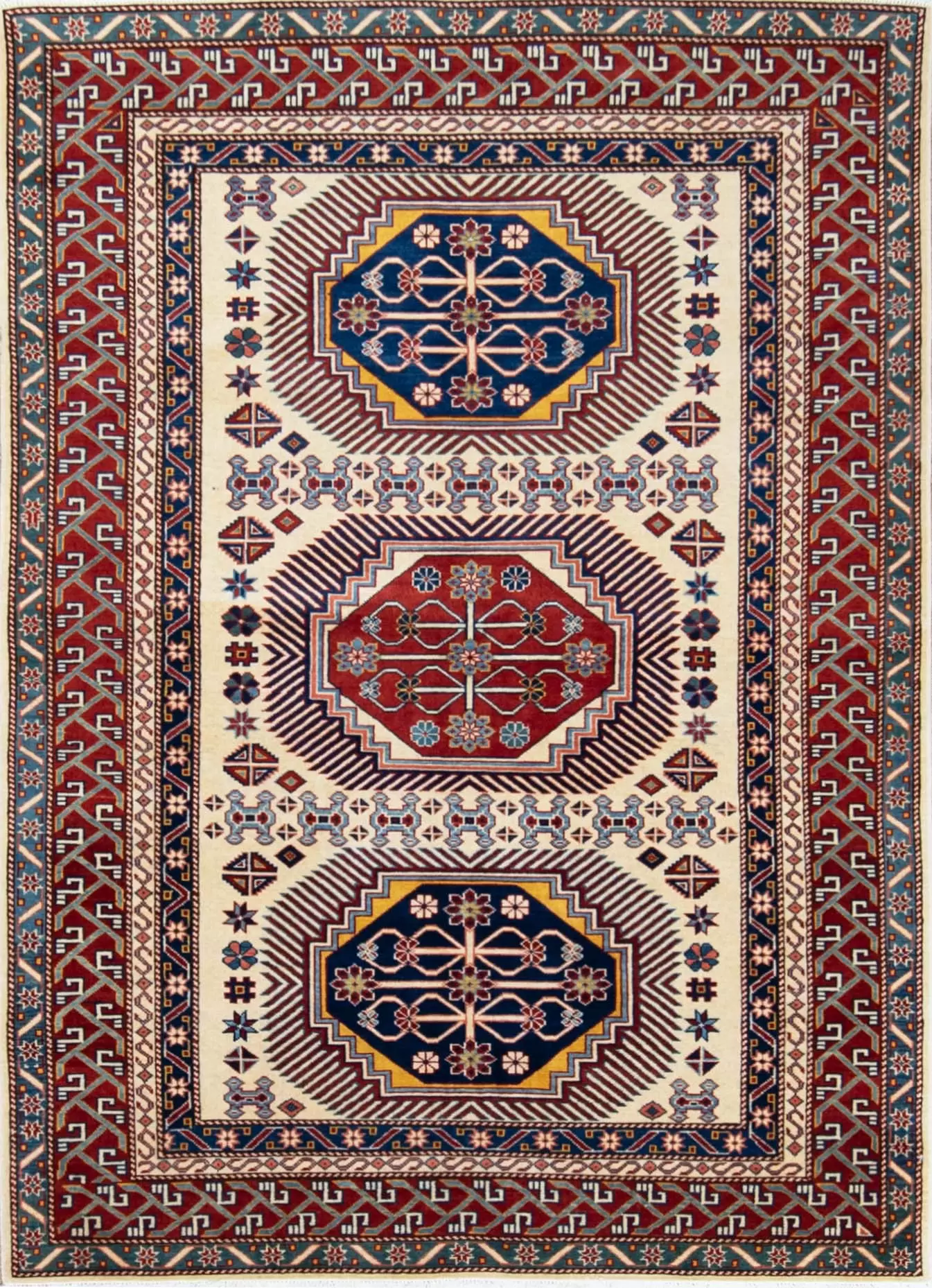 Wool rug 5x7. hand knotted geometric Kazak style rug in beige color. Size 5x7.