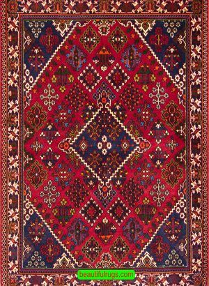 Handmade Persian Josheghan rug, geometric style rug in red color. Size 3.9x5.2.